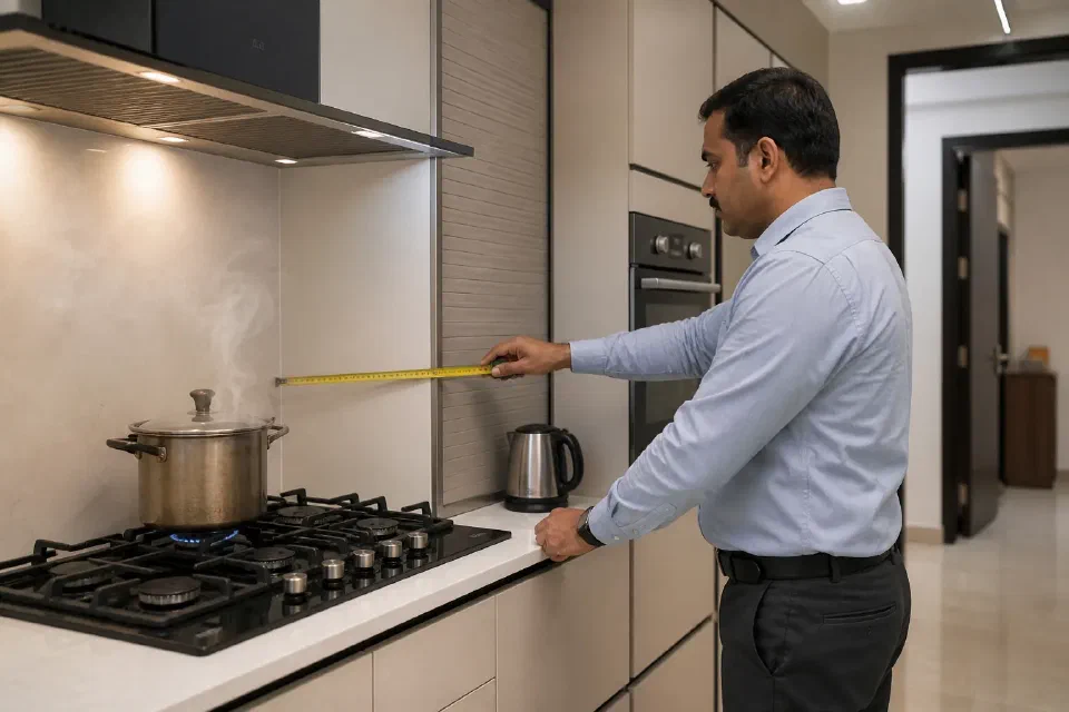 Illustrative Gurugram apartment kitchen showing membrane shutters beside hob oven dishwasher and countertop steam appliance