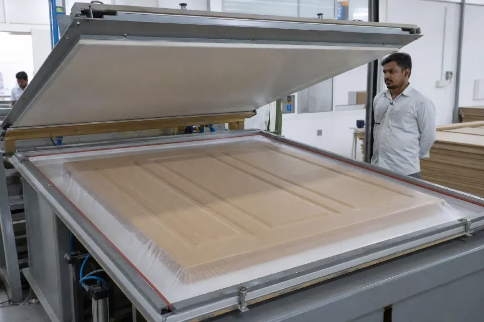 Illustrative Gurugram furniture factory vacuum press forming decorative foil over a routed cabinet shutter