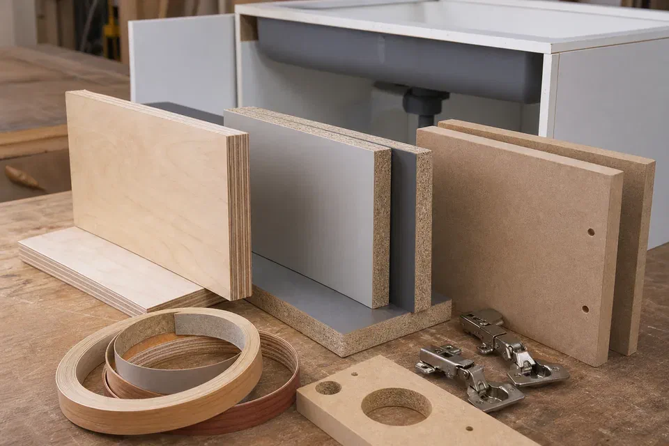Kitchen carcass material samples visual reference for plywood HDHMR MDF and edge sealing