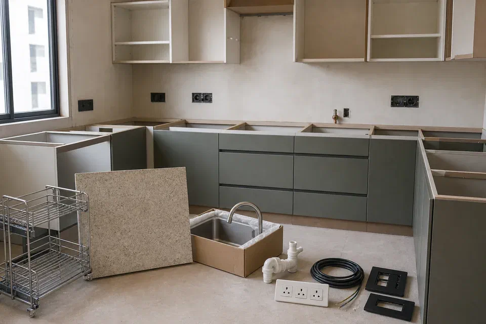Realistic modular kitchen budget visual reference with cabinet scope and add-on items