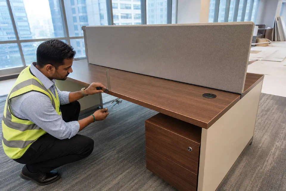 Illustrative Gurugram office furniture mock-up inspection with prelam panels edge band workstation drawing and BOQ