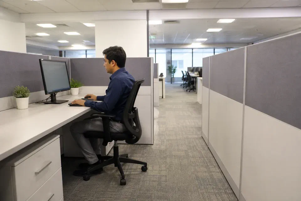 Illustrative WoodAge office workstation module in Gurugram showing desk chair screen and aisle dimensions