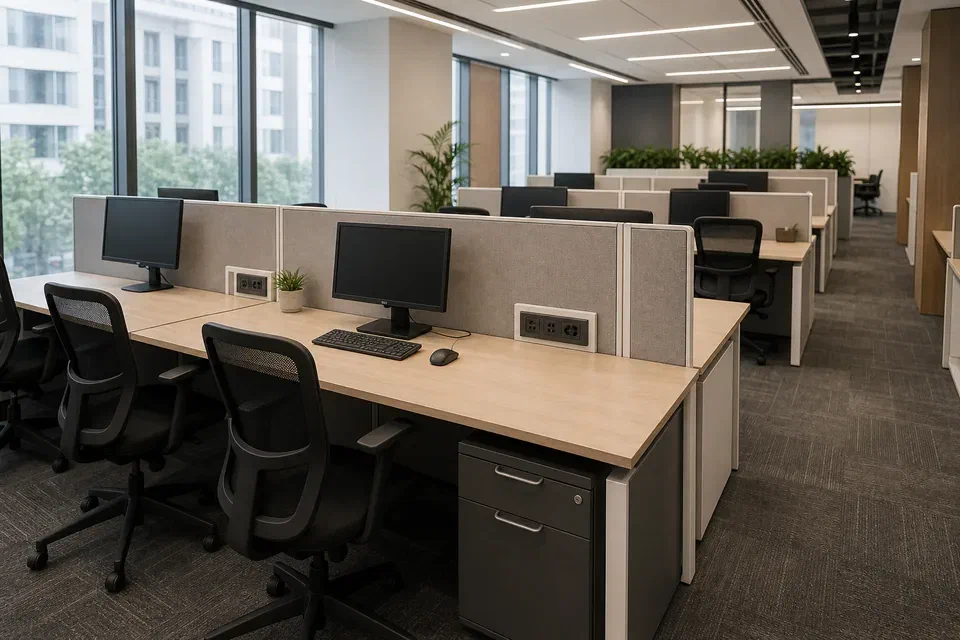 Office workstation visual reference for Gurgaon with cable routing and modular desk layout