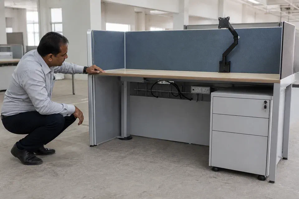 Illustrative WoodAge full-size office workstation mock-up inspection in Gurugram with cable tray pedestal and finish samples