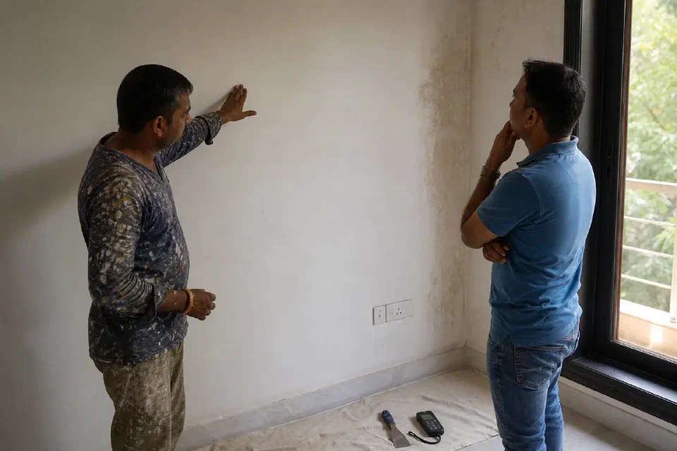 Illustrative Delhi NCR wall inspection with moisture check cracks balcony exposure and paint specification sheet