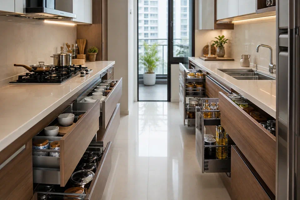 Parallel modular kitchen visual reference for narrow Indian apartment kitchen layout