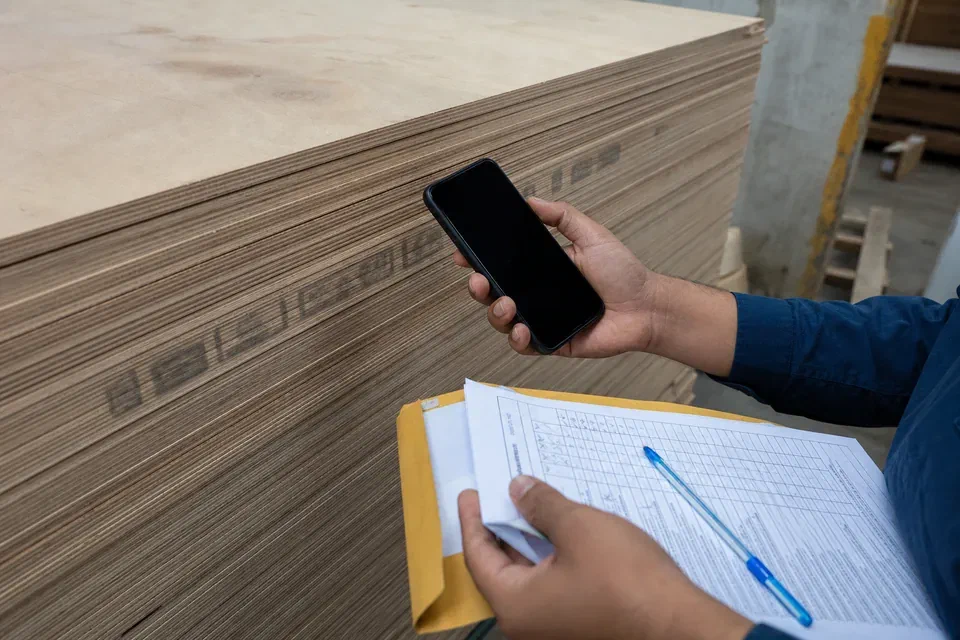 Illustrative BIS mark CML number and plywood grade check on a delivery stack in Gurugram