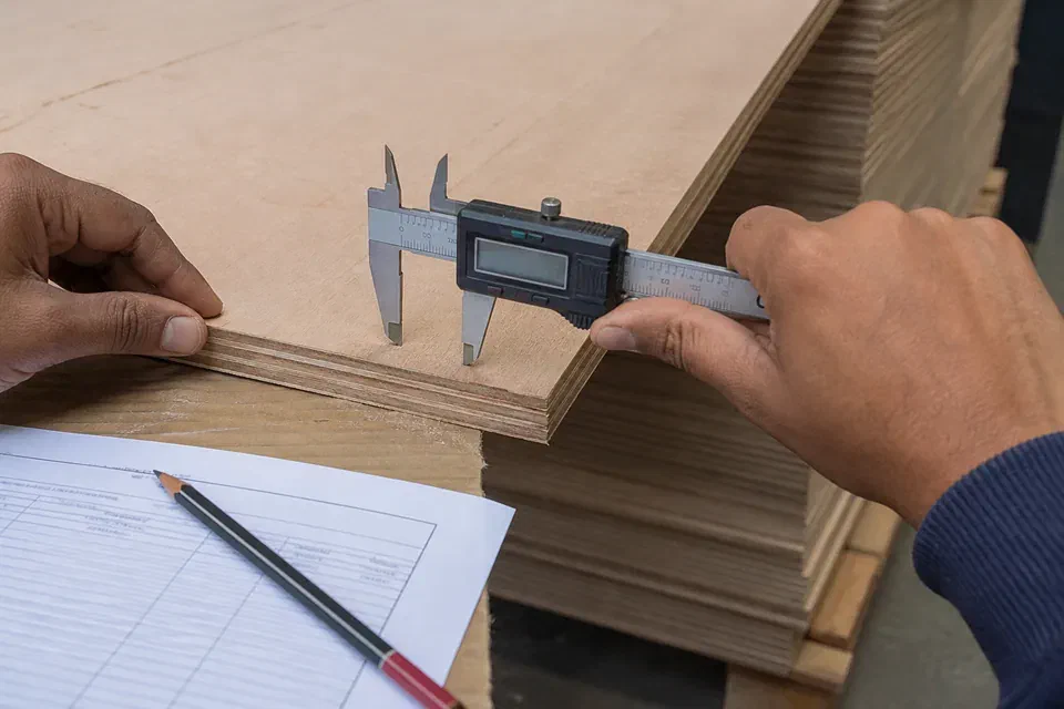 Illustrative digital caliper check on plywood sheet thickness before kitchen fabrication in Gurugram