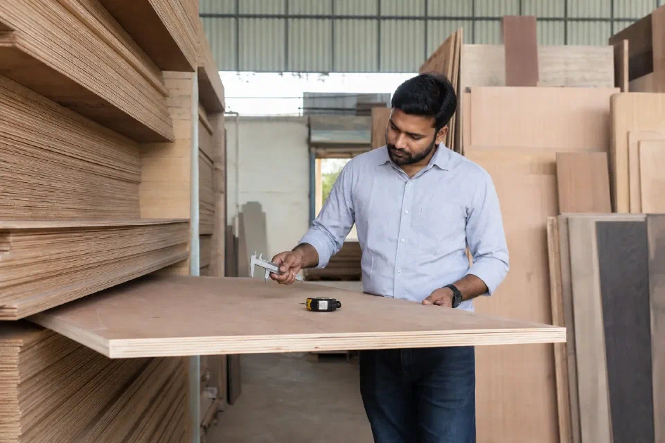 Illustrative plywood HDHMR MDF and particle-board sheet stack being compared at a Gurugram supplier