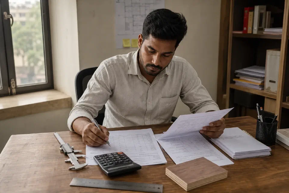 Illustrative plywood quotation comparison with sheet labels invoice caliper and calculator in Gurugram