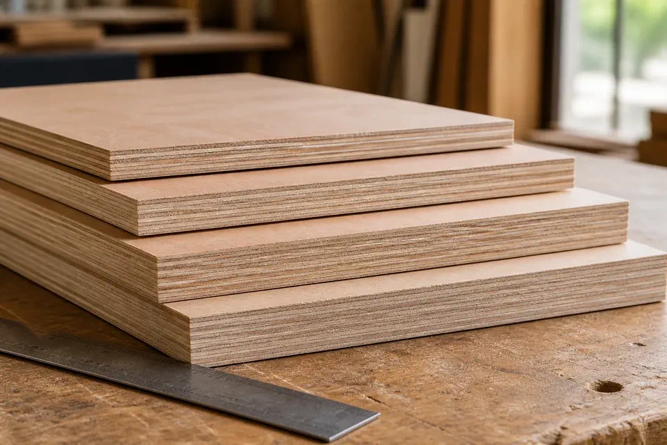 Illustrative 6 mm 12 mm 18 mm and 25 mm plywood stack for a Gurugram modular kitchen