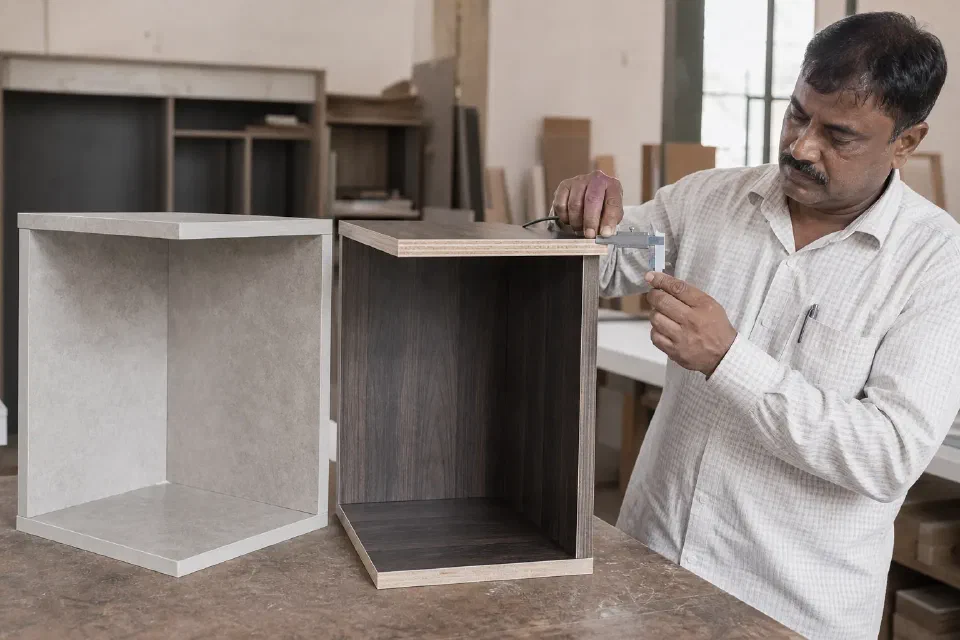 Illustrative Gurugram furniture workshop comparison of prelam particle-board core plywood core edge band and screw seats