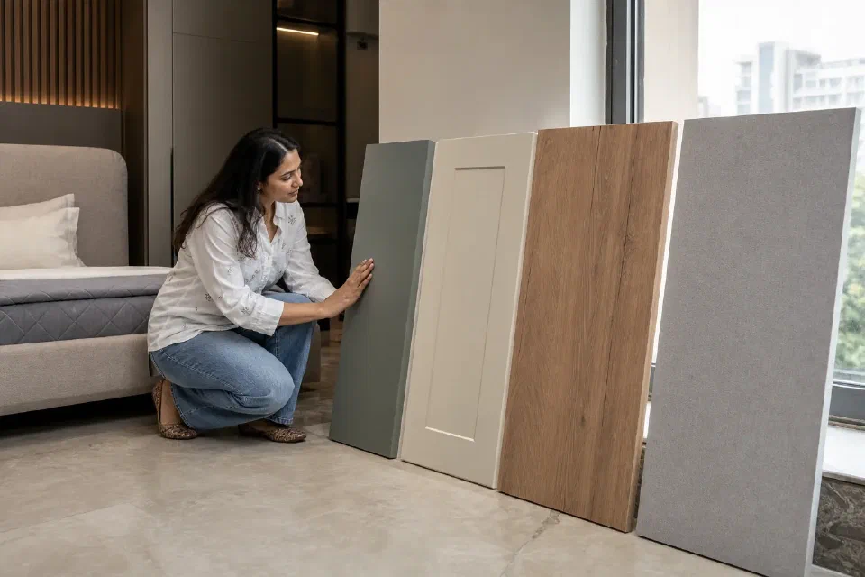 Illustrative Gurugram bedroom wardrobe comparison with matte PU sample routed shutter and laminate woodgrain shutter edge