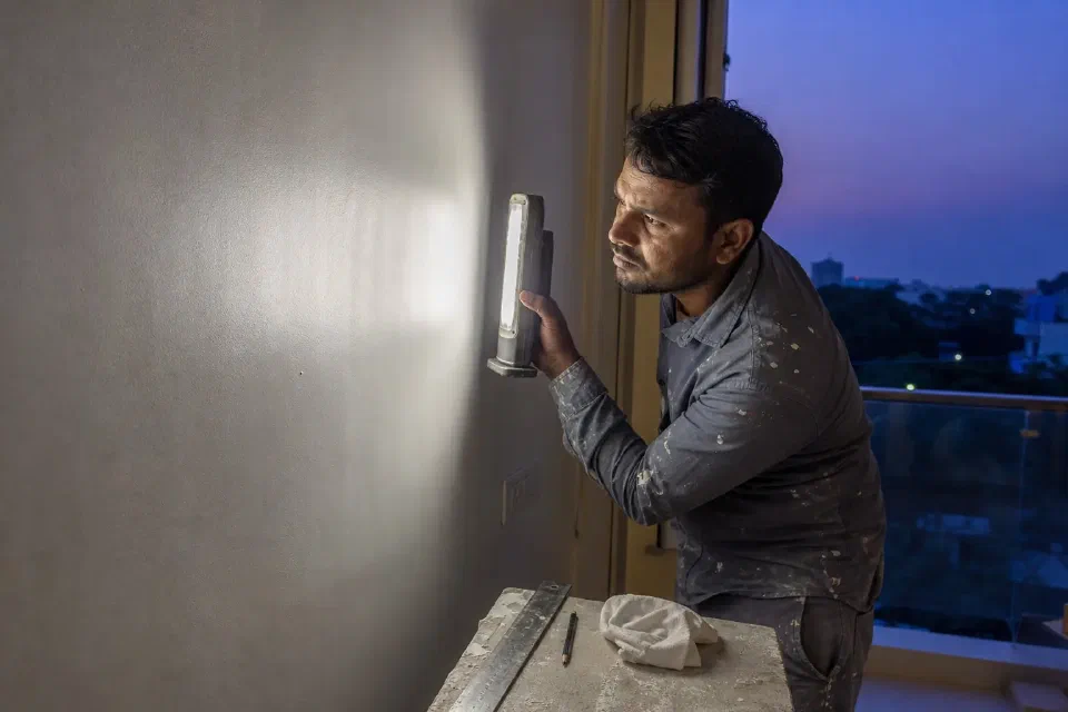 Illustrative Delhi NCR wall finish inspection using raking light to reveal surface undulations and roller marks