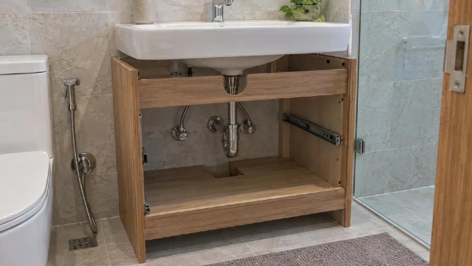 A new cabinet dry-fitted around existing basin and service connections
