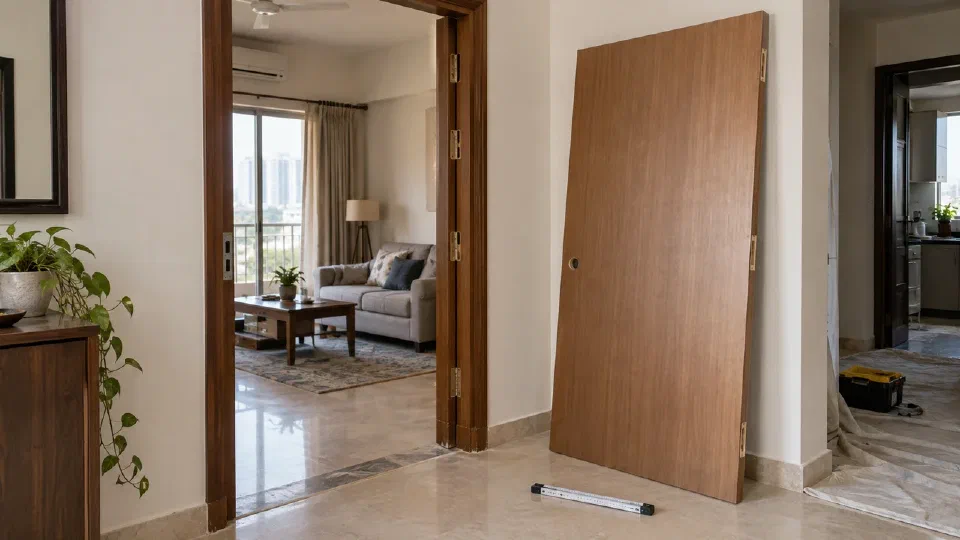 A replacement door leaf beside an existing frame, with survey tools nearby