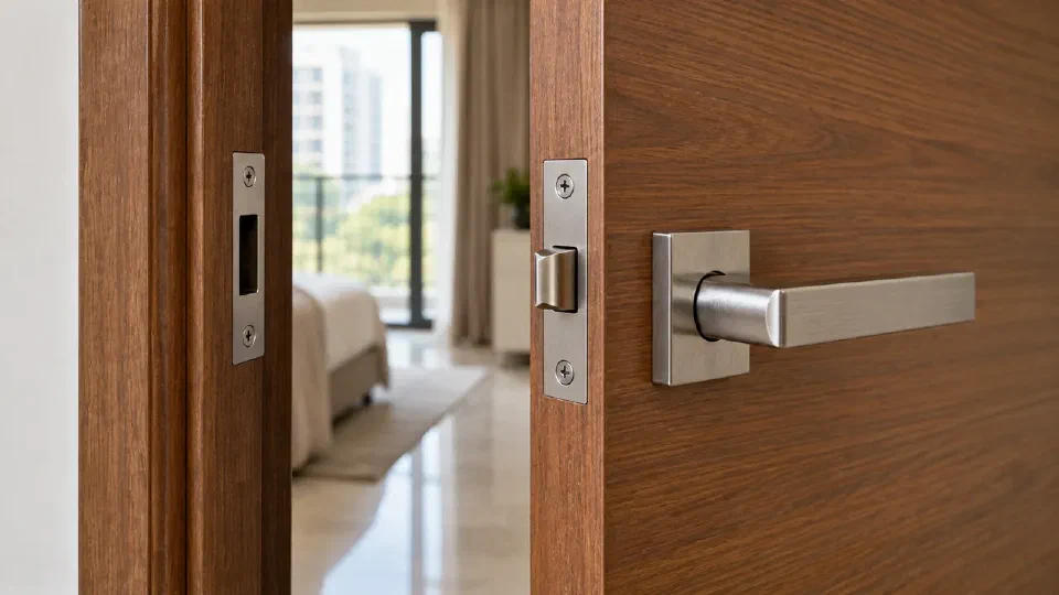 Partly open timber room door with a latch faceplate on its narrow edge and a strike plate on the receiving jamb