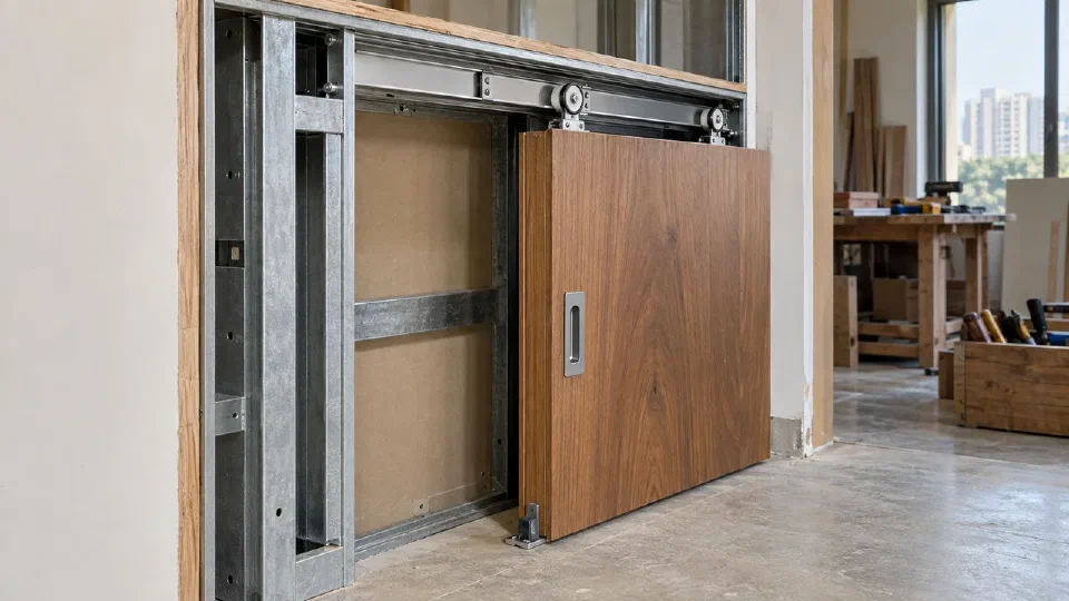 Pocket-door rollers, track, guide and accessible cavity hardware