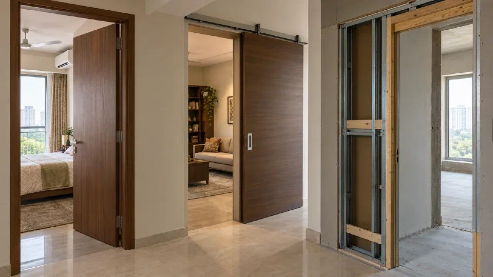 A hinged door, surface slider and pocket-frame condition in one realistic flat renovation
