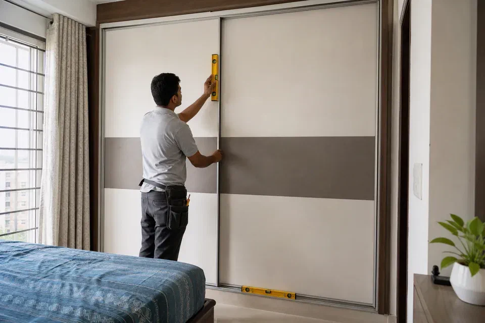 Illustrative sliding wardrobe vertical gap overlap and track alignment check in Gurugram