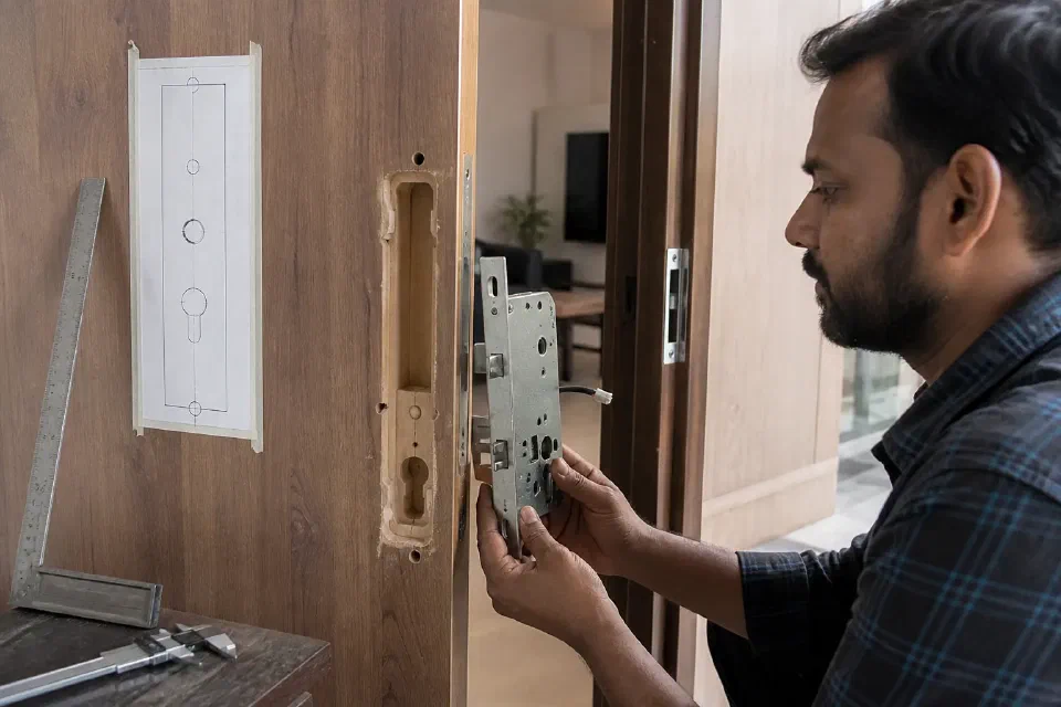 Illustrative Delhi NCR main door preparation with mortise pocket strike plate frame and smart-lock emergency access check