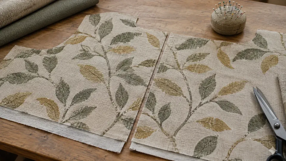 Aligned upholstery repeat, cut edges and seam allowance in a workshop close-up