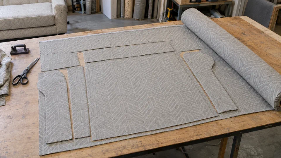 Fabric pieces arranged in a believable cutting layout with consistent pattern direction
