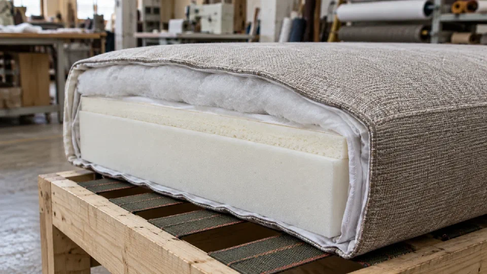Close view of foam, wrap, liner, cover and the support below the cushion