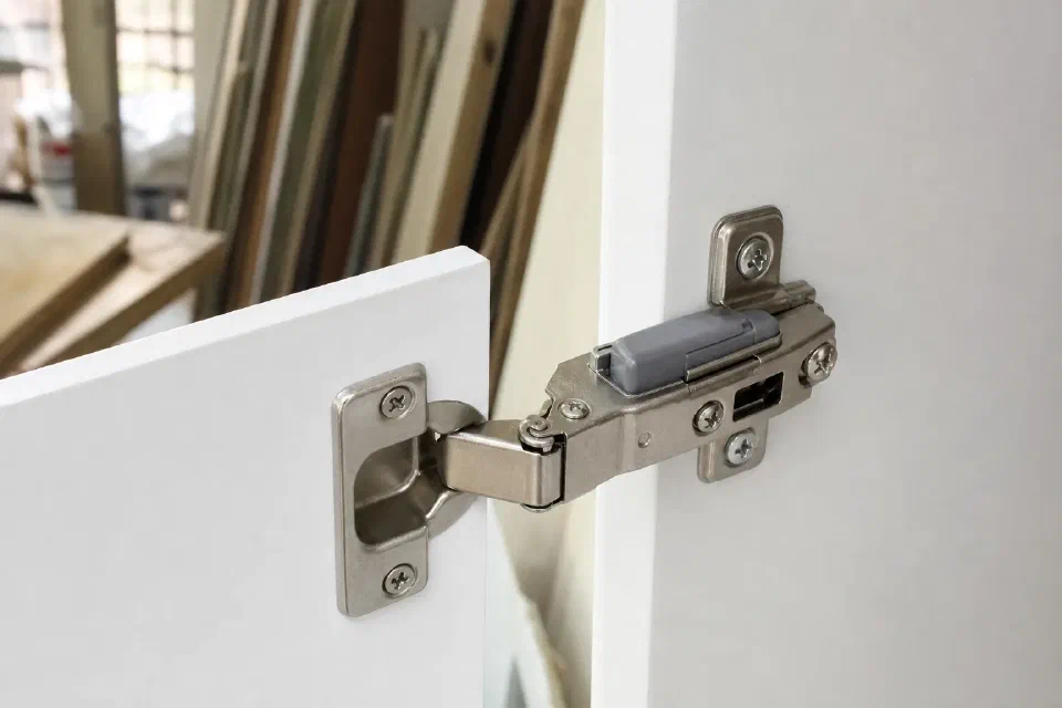 Illustrative close view of a concealed cabinet hinge with integrated damper mounted in a Gurugram kitchen cabinet