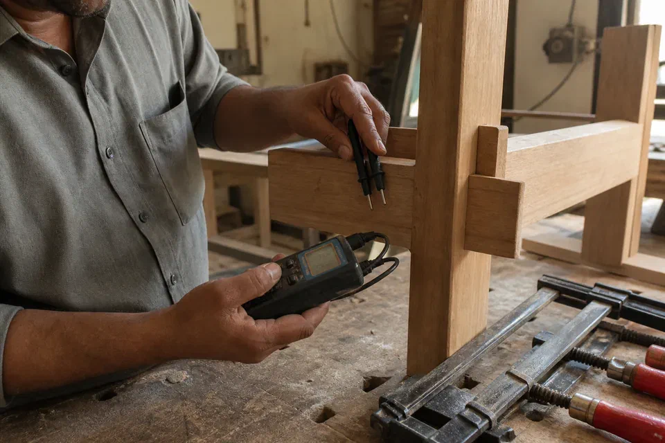 Illustrative solid wood joinery and moisture meter inspection for furniture in Gurugram