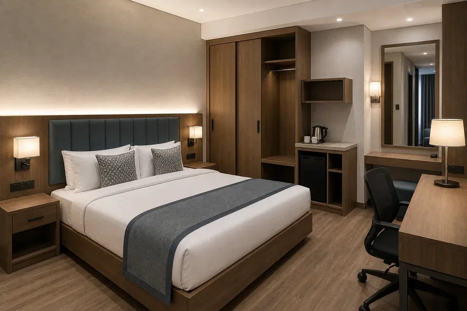 Space saving bedroom furniture visual reference with hydraulic storage bed and wardrobe