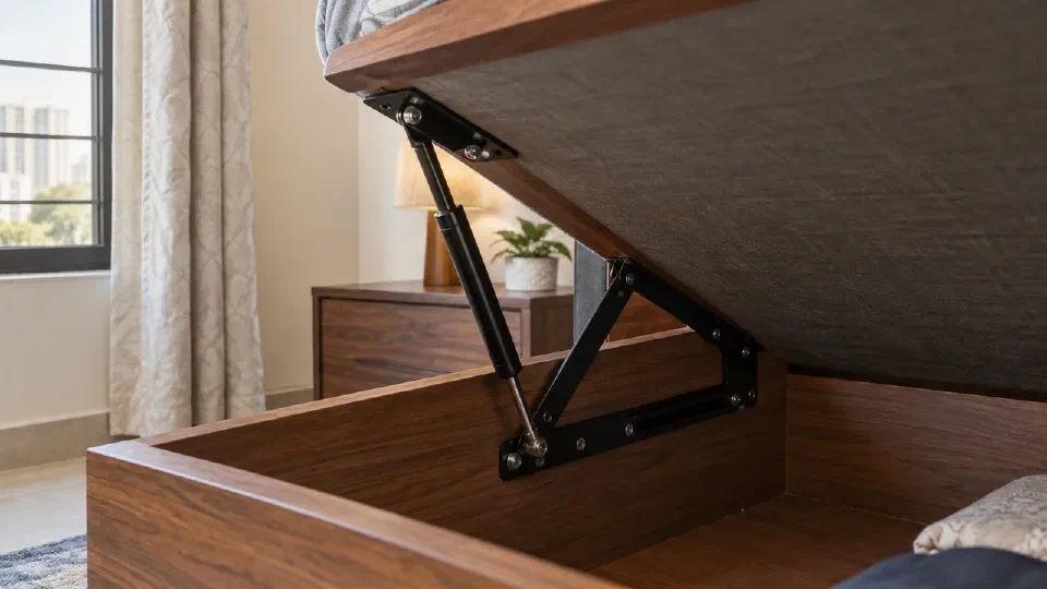 A storage-bed lift strut, mounting plate and platform edge