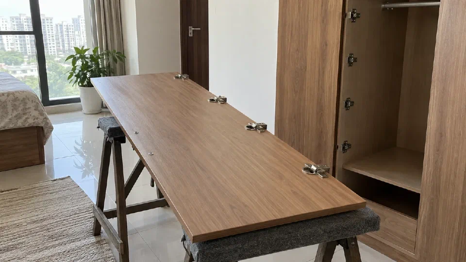 Detached wardrobe front on padded trestles, showing hinge cups and corresponding cabinet plates
