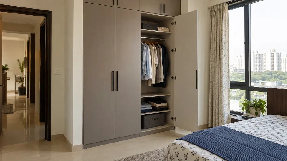 An open tall wardrobe front showing its concealed hinges