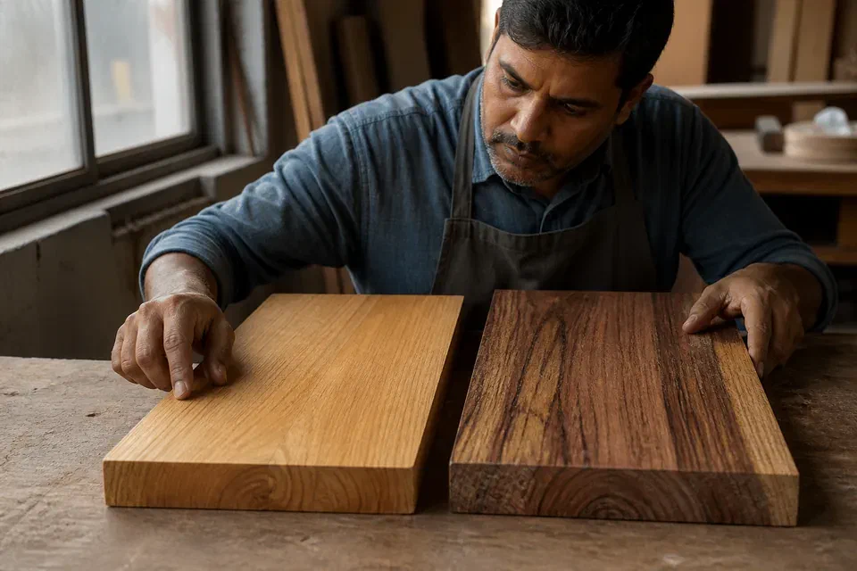 Illustrative labelled teak and sheesham grain samples for furniture selection in Gurugram