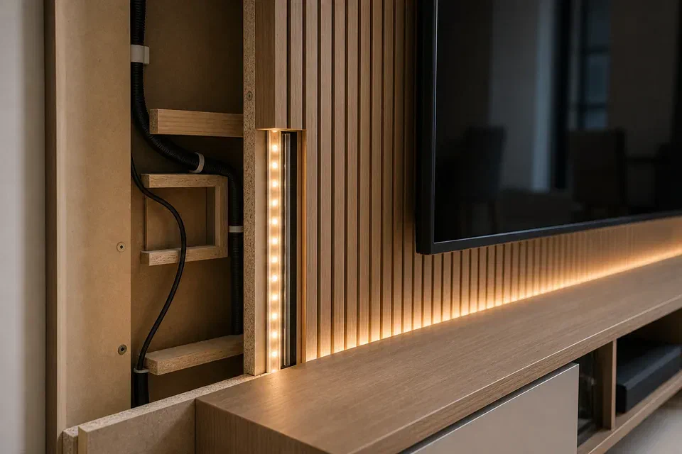 TV unit LED routing and panel detail visual reference for Gurgaon living room