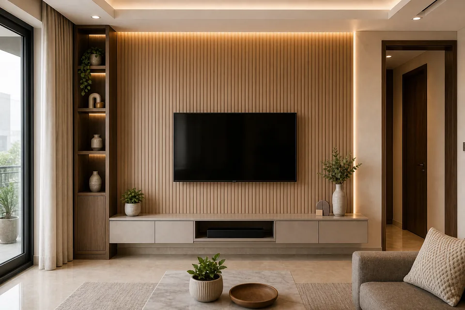 Gurgaon TV unit and fluted wall panel visual reference with LED cove detail