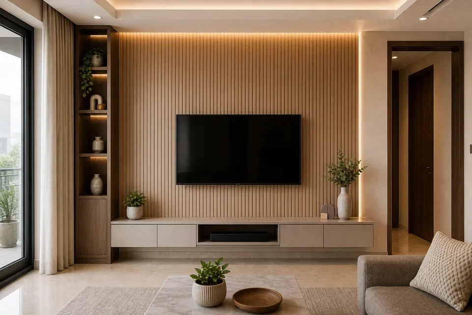 Gurgaon TV unit and fluted wall panel visual reference with LED cove detail