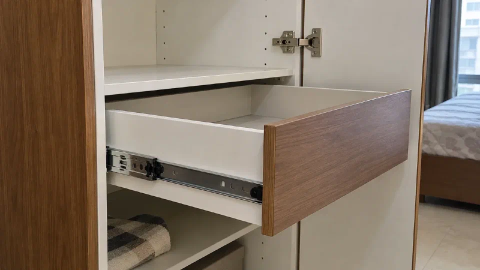 Clear drawer travel, hinge intrusion and runner mounting inside a real carcass