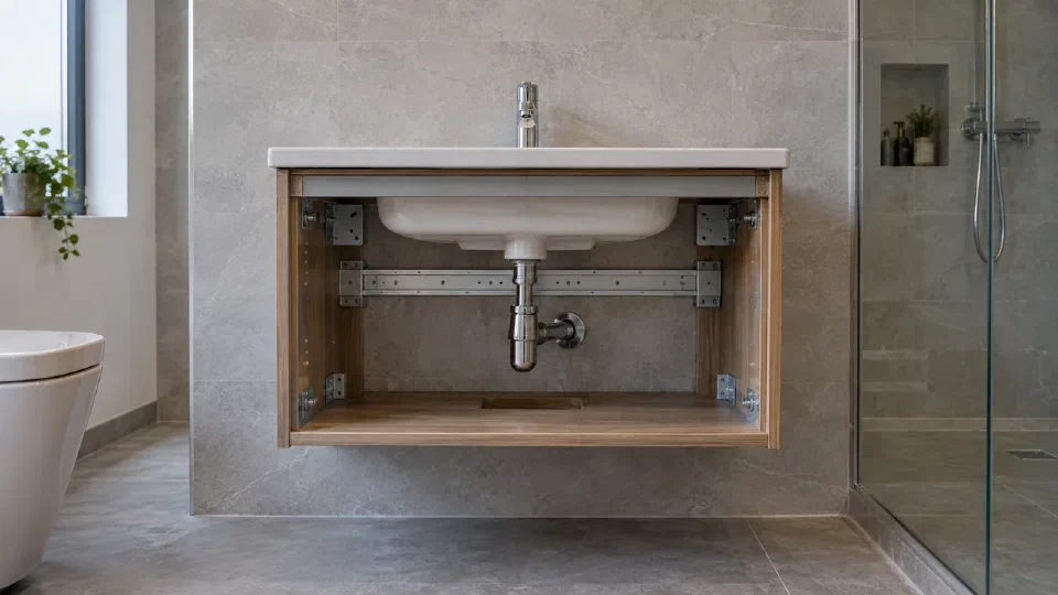 A dry-fitted vanity mounting rail, basin interface and accessible plumbing zone