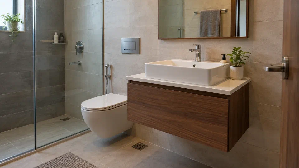 A finished wall-hung vanity with realistic floor clearance and reachable service space