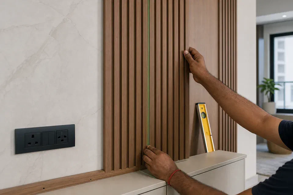 Wall paneling installation alignment visual reference for Gurgaon living room