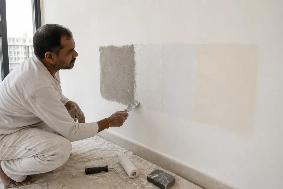 Illustrative Gurugram apartment wall showing repaired plaster putty primer and topcoat preparation stages