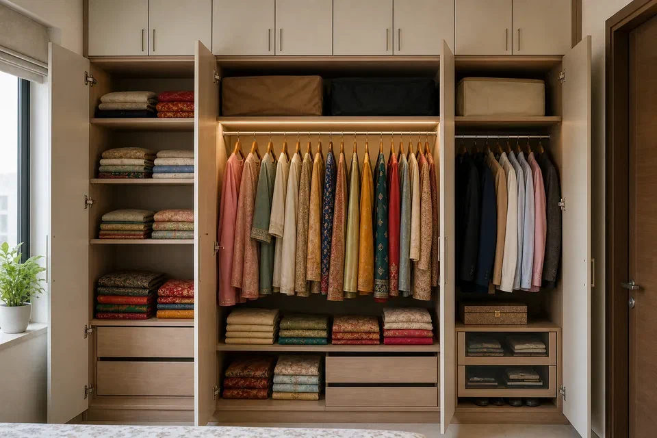 Sliding hinged and walk in wardrobe visual reference for Gurgaon bedroom cost planning