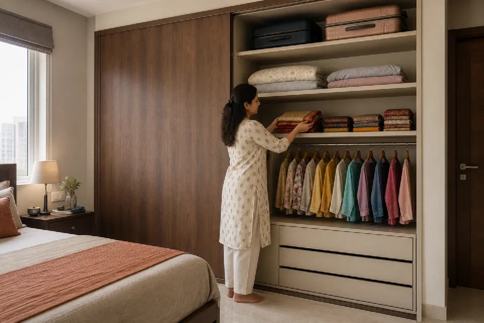 Illustrative Gurgaon apartment wardrobe interior layout visual reference with loft drawers shelves and hanging