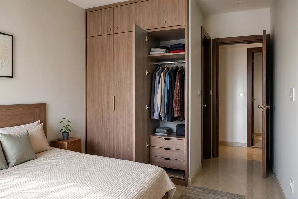 Illustrative WoodAge hinged and sliding wardrobe depth comparison in a Gurugram bedroom