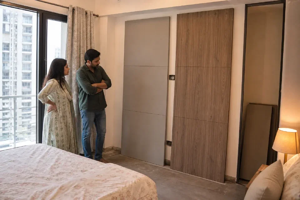 Illustrative Delhi NCR bedroom comparing PU and laminate wardrobe samples in direct window light and warm interior lighting