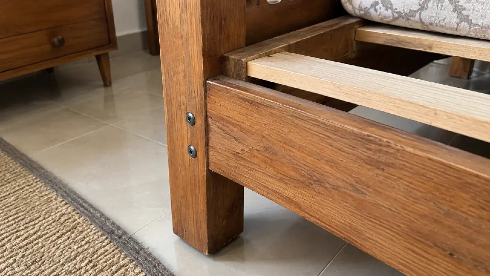 One bed corner joint, seated slat and stable leg viewed together