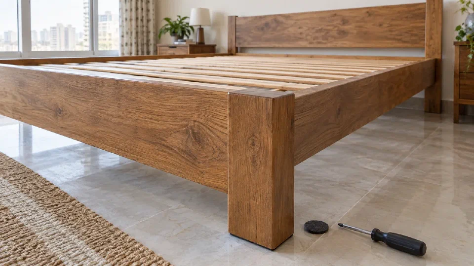Bed corner joint and leg meeting a tiled floor, with a separate felt pad nearby