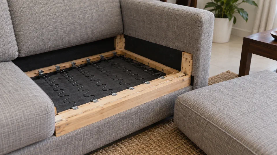 Seat support, frame rail and removable cushion photographed separately